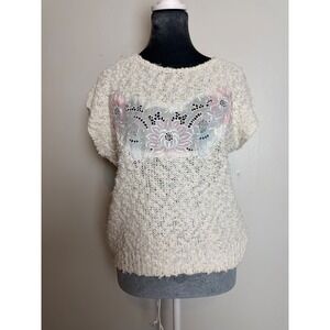 Vintage  Ivory  Knit Sweater Floral Lace Applique Cottagecore granny coquette